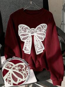 Resyla Sudadera de cuello redondo de manga larga de pana elegante con lazo de encaje, un regalo para amigos - Burdeos - Ver 1