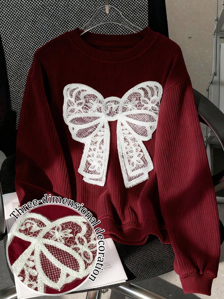 Resyla Sudadera de cuello redondo de manga larga de pana elegante con lazo de encaje, un regalo para amigos - Burdeos - Ver 1