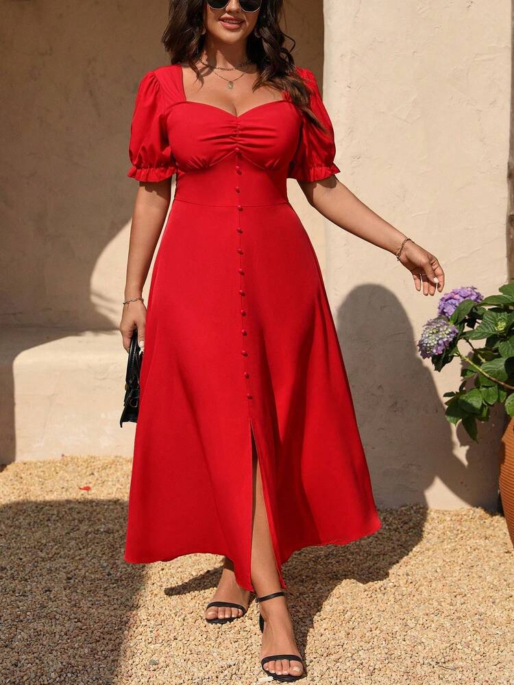 SHEIN Clasi Clasi Plus Size Solid Color Heart Neck Slit Up Thigh