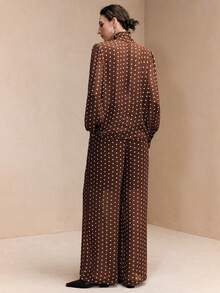 Arave Women's Pearl Chiffon Straight Leg Trouser Suit With Straight Shoulders, Fitted Waist, Stand Collar, Ribbon, And Puff Sleeves - Elegant Date Suit New Year Clothes New Year Outfit Polka Dot   Outfit Valentine's Day New Year - Coffee Brown - View 6