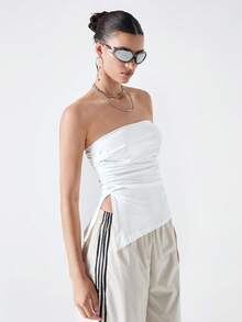 Comfortcana Women's Solid Color Simple Pleated Design Strapless Top - White - View 5