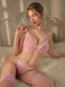 ROMWE Kawaii Romantic Countryside Sexy Lingerie Set With Criss-Cross Heart Design - Pink - View 4