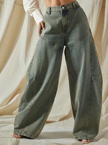 Vixey Quần denim ống rộng lưng cao co giãn màu nâu - Rửa tối - Xem 1