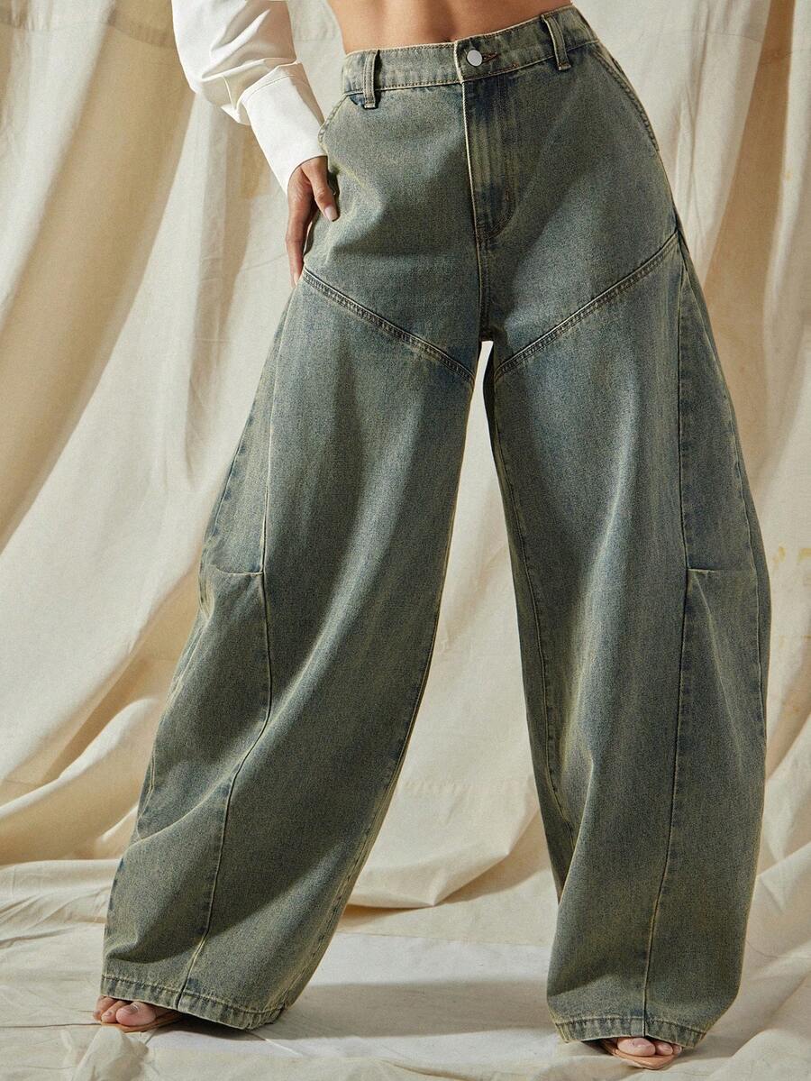 Vixey Quần denim ống rộng lưng cao co giãn màu nâu - Rửa tối - Xem 1