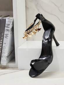 SHUZIA Women's Elegant Round Toe Heart Chain Ankle Strap Stiletto Heeled Sandals Valentine's Day - Black - View 7