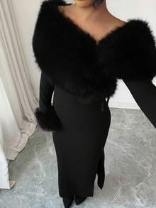 Modelyn Women's Elegant Off-Shoulder Patchwork Faux Fur Collar Long Dress, Winter