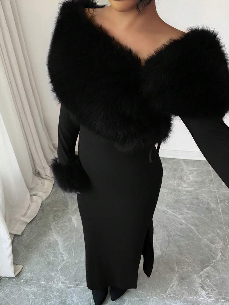 Modelyn Women's Elegant Off-Shoulder Patchwork Faux Fur Collar Long Dress, Winter - Black - View 3