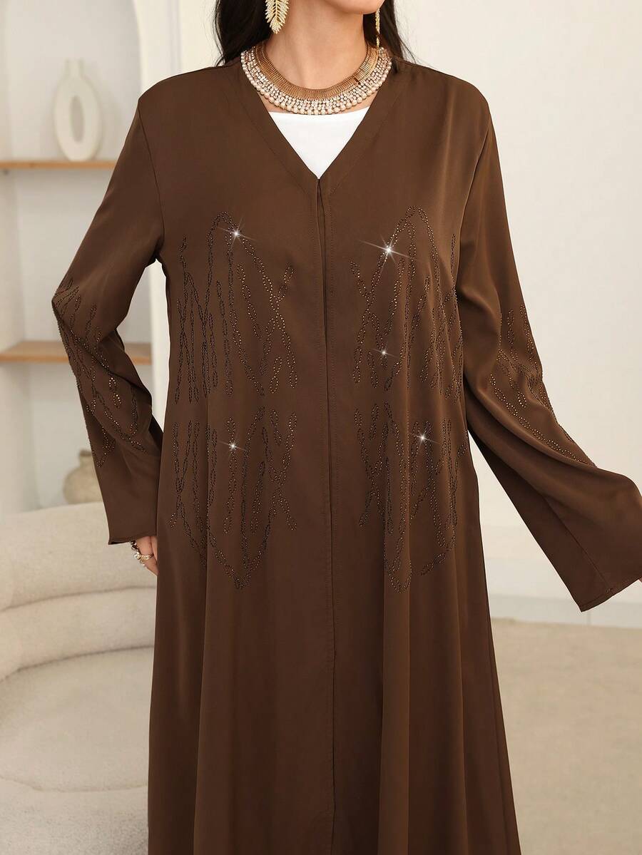 Al Najma Women's Loose Fit Elegant Rhinestone Embellished Robe, Black Abayas - Coffee Brown - View 1