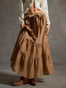 SoleilVie Bohemian Casual Multi-Layer Patchwork Flared Bow-Tie Design Women Skirt Brown Long Skirt Country Skirt Western Skirt - Brown - View 4