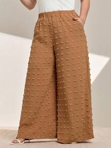 Momelise Plus Size Solid Color Elastic Waist Pockets Casual Loose Fit Wide Leg Pants - Coffee Brown - View 1