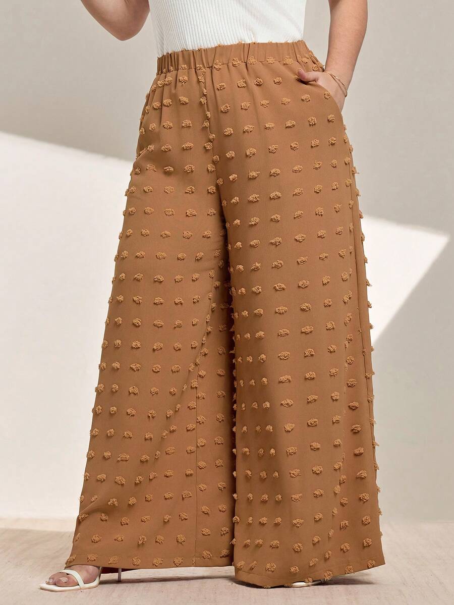 Momelise Plus Size Solid Color Elastic Waist Pockets Casual Loose Fit Wide Leg Pants - Coffee Brown - View 1