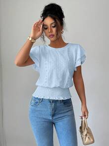Elenzga Women's Summer Casual Vacation Jacquard Round Neck Ruffle Sleeve T-Shirt - Baby Blue - View 6