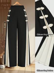 Franclia 大码女式法式休闲优雅提花七分裤，秋冬款 - 黑色 - 查看 1