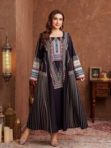 Al Najma 大码女式A字印花长袖休闲阿拉伯风格连衣裙 - 彩色 - 查看 1