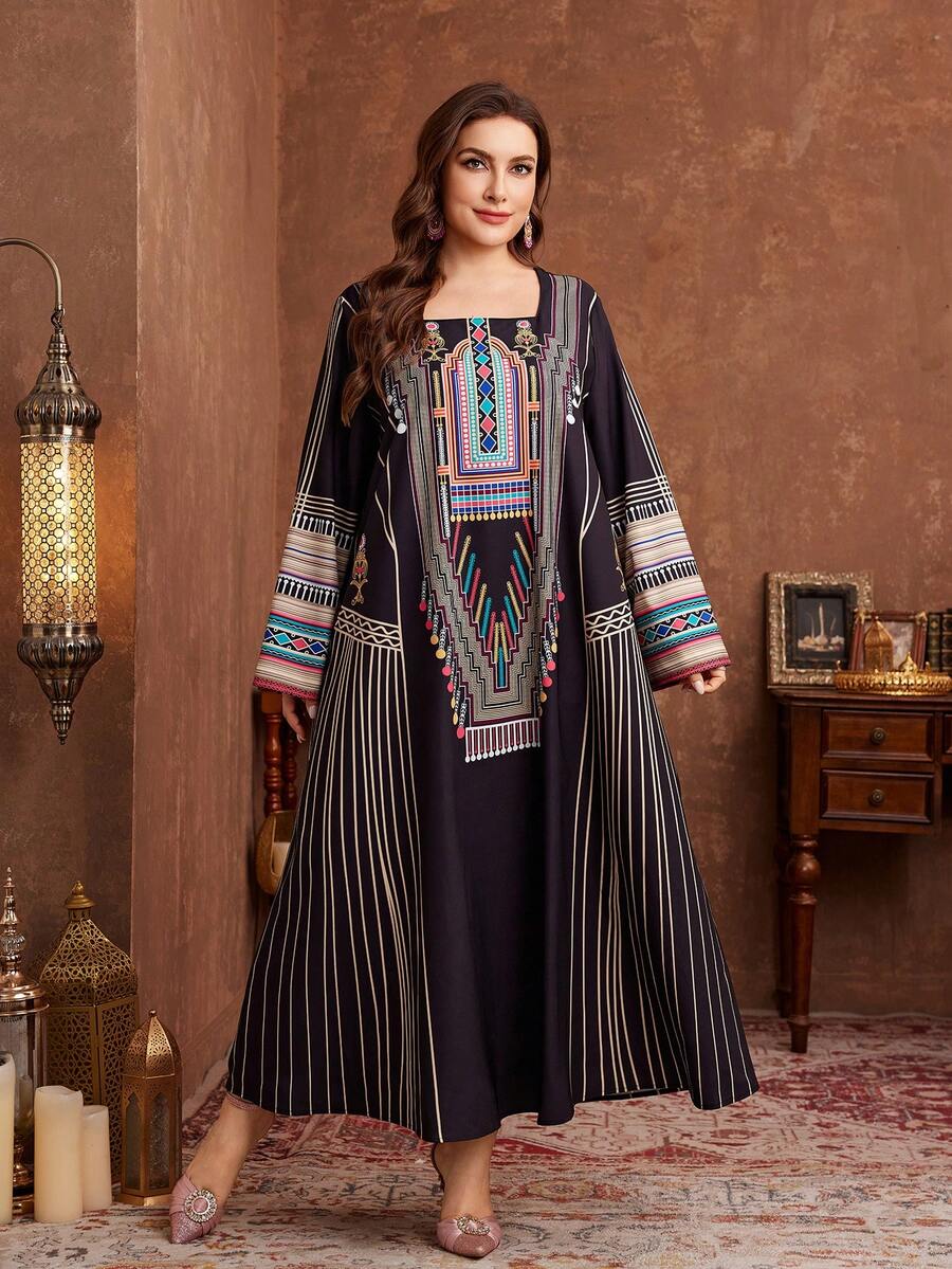 Al Najma 大码女式A字印花长袖休闲阿拉伯风格连衣裙 - 彩色 - 查看 1