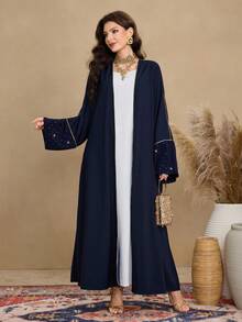 Al Najma Váy Abaya Ả Rập rộng rãi thời trang cổ điển dành cho nữ, thêu chấm vàng, chắp vá, viền vàng - Màu xanh lam - Xem 4