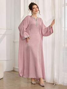 Al Najma Women's Contrast Trim Lace Patchwork Keyhole Neck Elegant Long Sleeve Turkish & Arabic Traditional Maxi Dress Kaftan Jalabiya Dress - Pink - View 5