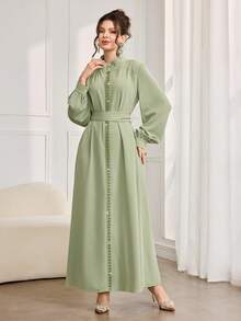 Al Najma Women's Elegant Ribbon Decor Lantern Sleeve Self-Tie Belt Arabic Style Dress - Green - View 3