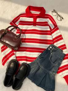 SHEIN Unity Maglione lavorato a maglia rosso a righe con collo a polo, ampio, articolo essenziale per Natale, inizio scuola, autunno/inverno, caldo e confortevole per uso quotidiano e domestico - Rosso - Visualizzare 1