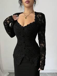 Modelyn Square Neck Lace Patchwork Button Waist Fitted Midi Dress For Women - Black - View 3