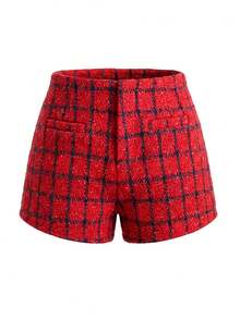 K-Vae Shorts femininos de lã xadrez de cintura alta, elegantes e modernos. - Vermelho - Ver 5