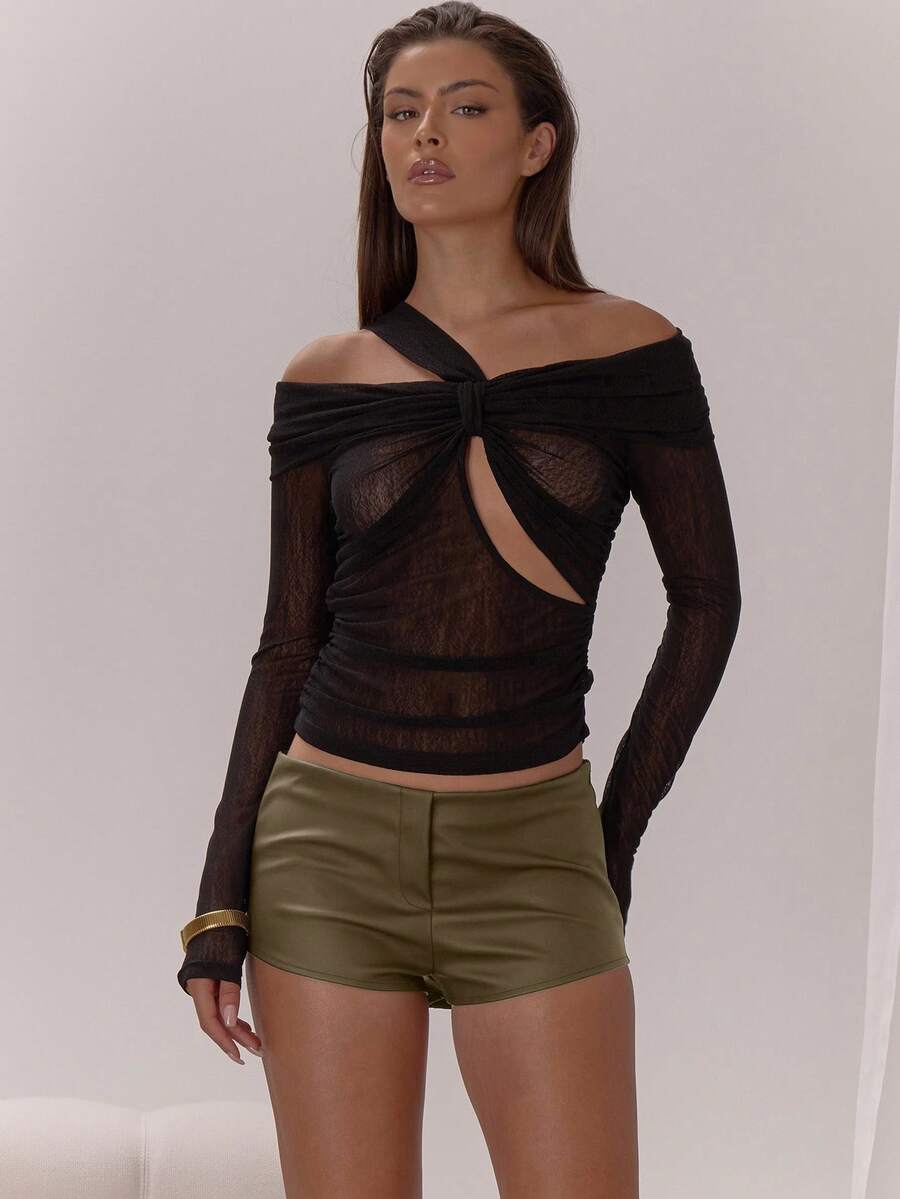 MUSERA Faux Leather Mini Shorts Classy Sexy Night Out Occasion Vacation Layered Party Chic Spring Summer Casual - Army Green - View 1
