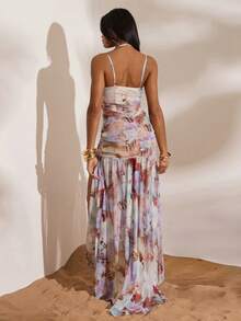 Opulessa 女士度假针织网眼印花吊带开衩连衣裙 - 藍色 - 查看 6