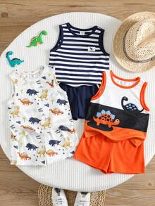 SHEIN 6件套男女宝宝夏季休闲度假针织卡通恐龙条纹背心和松紧腰短裤套装，基础款 - 彩色 - 查看 1