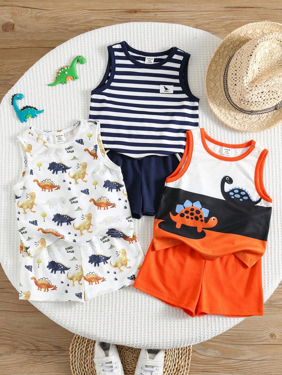 SHEIN 6件套男女宝宝夏季休闲度假针织卡通恐龙条纹背心和松紧腰短裤套装，基础款 - 彩色 - 查看 1