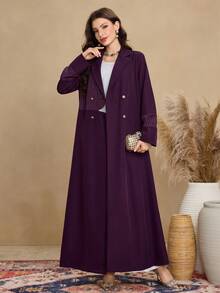 Al Najma Women's Elegant Arabic Style Purple Striped Patchwork Lapel Double-Breasted Long Robe, Suitable For Commuting And Daily Wear Abayas Open Abaya For Women - Purple - View 3