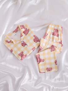 2件套年轻女孩休闲可爱熊印花长袖开衫和裤子家居服套装 - 黃色 - 查看 6