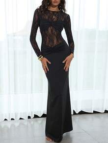 Opulessa 女士休闲纯色针织蕾丝连衣裙 - 黑色 - 查看 4