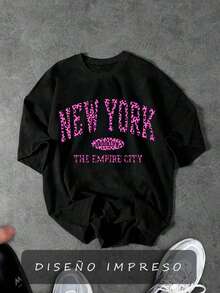 Playera Estampada New York con Patrón Animal Print Rosa para Mujer, Urbana, Moderna y Cómoda - Negro - Ver 1