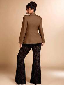 Cravure 大码女式秋季植绒网纱开衩喇叭裤套装，V领办公服 - 彩色 - 查看 2