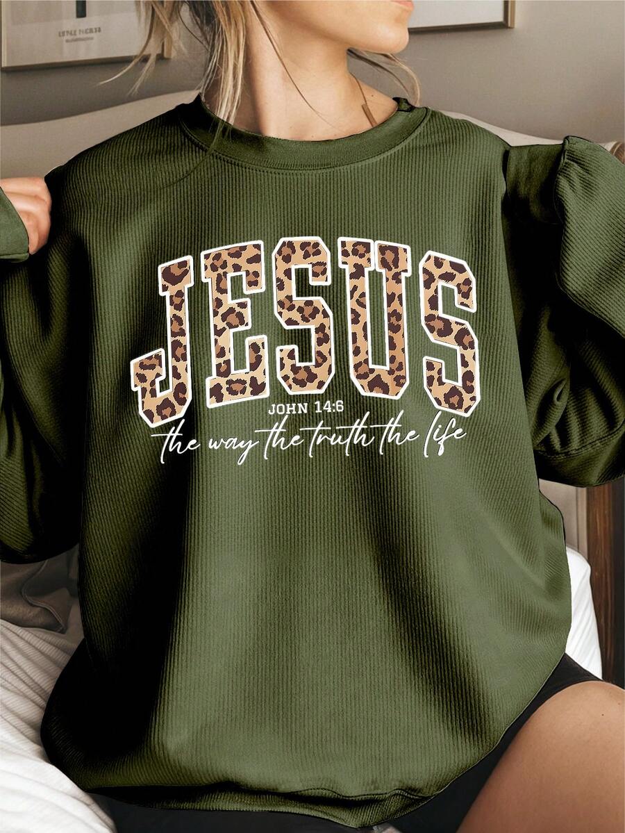 EMERY ROSE Jesus Slogan Graphic Print Casual Plus Size Women Corduroy Crew Neck Long Sleeve Sweatshirt, Gift For Friends, Autumn/Winter - Olive Green - View 1