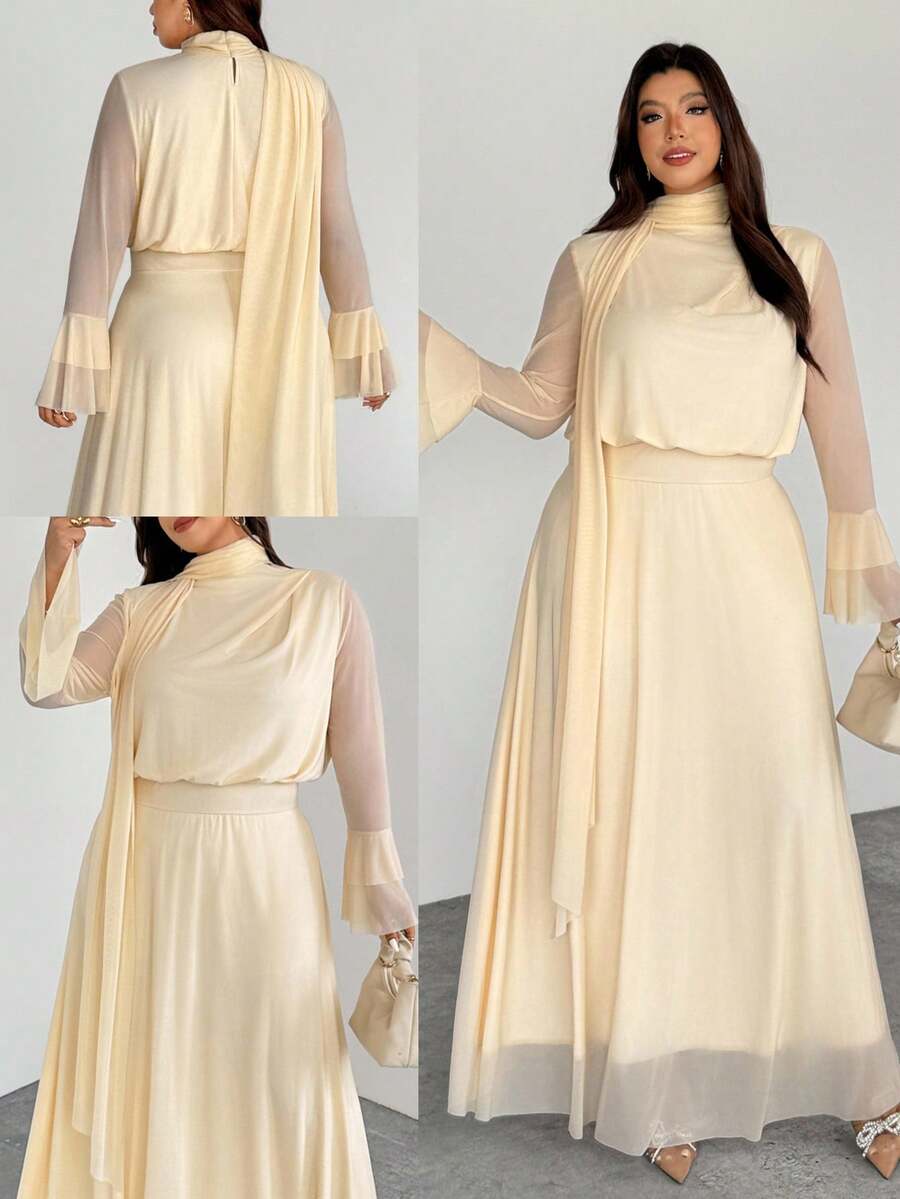 Firerie Váy maxi dài tay chữ A xếp nếp màu kem thời trang cỡ lớn dành cho nữ, váy dạ hội lãng mạn thanh lịch, váy phù dâu, váy maxi viền xếp nếp, thích hợp cho mùa xuân, mùa hè, mùa thu, mùa đông, thanh lịch, đi làm, hẹn hò, tiệc tùng, mùa cưới, tốt nghiệp, biểu diễn, hòa nhạc, công việc, trở lại trường, họp thường niên, sinh nhật, ngày lễ - Vàng nhạt - Xem 1