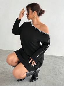 Firerie 大码舒适休闲优雅度假简约百搭日常基础款珍珠点缀露肩修身H型腰线弹力长袖连衣裙，适合春、夏、秋、冬四季穿着。 - 黑色 - 查看 2