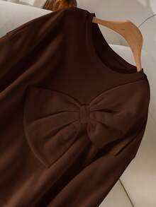 CosyJoli Plus Size Women's Solid Color Bow Decor Round Neck Drop Shoulder Long Sleeve Loose Casual Sweatshirt, Winter Clothes For Women - Brown - View 3