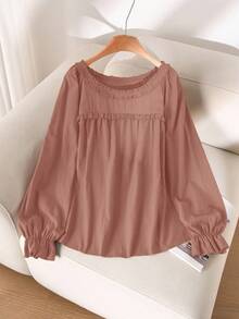 CosyJoli 大码女式荷叶边圆领长袖休闲棕色衬衫，百搭日常穿着 - 珊瑚粉 - 查看 3