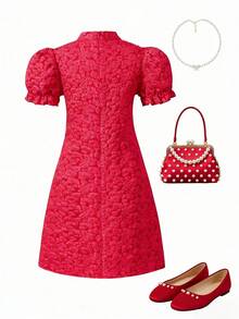 女童中国新年旗袍连衣裙，红色，喜庆，适合中国新年，适合新年派对，奢华优雅，立领，东方风格 - 紅色 - 查看 2