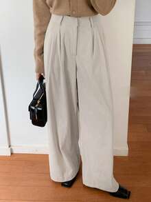 Dazy Tall 高个女式罗纹褶裥直筒休闲裤 - 米色 - 查看 3