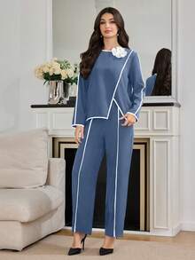 Modelyn Bộ 2 món áo và quần họa tiết hoa 3D tương phản dành cho nữ, thiết kế tối giản, 2 món - Màu xanh bụi bặm - Xem 4