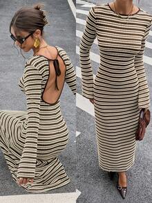 Siren Gaze 女士棕色条纹长袖露背修身长连衣裙 女士休闲圆领露背长袖连衣裙 女士优雅连衣裙 女士圣诞装扮 - 棕色 - 查看 8
