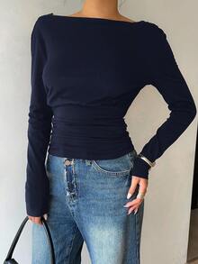 Siren Gaze Áo thun dài tay ôm dáng cổ thuyền hở lưng màu trơn đơn giản, gợi cảm, thoải mái khi đi làm hàng ngày dành cho nữ, mùa xuân/thu - Màu xanh hải quân - Xem 5