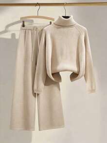 Pariaura New Oatmeal Ribbed Knit Set, High Neck Long Sleeve Top And Wide Leg Pants, Loose Relaxed Silhouette, Soft And Skin-Friendly Knit Fabric, Matching Tonal High-End Color, Relaxed Casual Vibe, Suitable For Loungewear, Commuting, And Effortless Styling Knit Two Piece Set Beige Two Piece Set Sweater Set Comfortable Two Piece Set Cream Two Piece Set - Camel - View 1