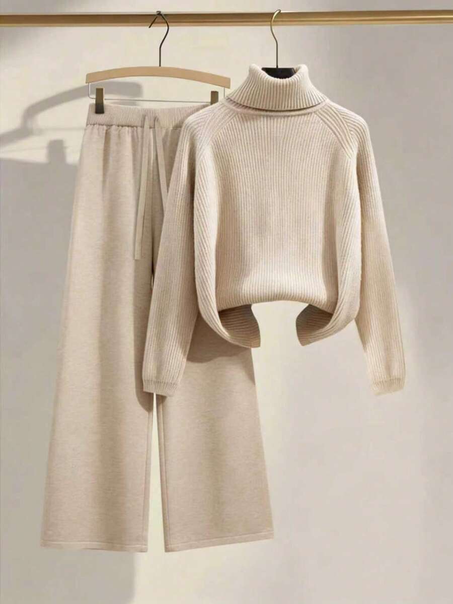 Pariaura New Oatmeal Ribbed Knit Set, High Neck Long Sleeve Top And Wide Leg Pants, Loose Relaxed Silhouette, Soft And Skin-Friendly Knit Fabric, Matching Tonal High-End Color, Relaxed Casual Vibe, Suitable For Loungewear, Commuting, And Effortless Styling Knit Two Piece Set Beige Two Piece Set Sweater Set Comfortable Two Piece Set Cream Two Piece Set - Camel - View 1