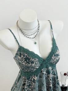 Elamini 复古 Perris 印花网纱亮片不对称下摆吊带背心，女士，春夏款 - 綠色 - 查看 5