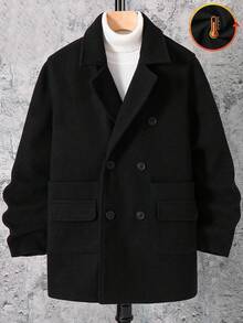 SHEIN 1 Piece Tween Boy Casual Sports College Literary Retro Double-Breasted Medium-Length Black Woolen Coat With Solid Color Buttons And Suit Collar Suitable For Kids Outfits Toddler Boy Clothes Back To School Boys Set Suitable For Birthday Parties, Evening Parties, Performances, Weddings, Baptisms, Opening Ceremonies Daily Suitable For Daily Use Suitable For School Suitable For Travel Suitable For Sports Suitable For Autumn And Winter Coats - Black - View 1