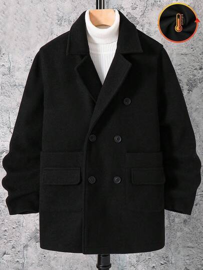 SHEIN 1 del Tween Boy Casual Sport College Litterär Retro Dubbelknäppt Medellång Svart Yllekappa Med Enfärgade Knappar Och Kostymkrage Lämplig För Barnkläder Småbarnspojkar Kläder Tillbaka Till Skolan Pojkset Lämplig För Födelsedagsfester, Kvällsfester, Framträdanden, Bröllop, Dop, Öppningsceremonier Dagligen Lämplig För Daglig Användning Lämplig För Skolan Lämplig För Resor Lämplig För Sport Lämplig För Höst Och Vinter