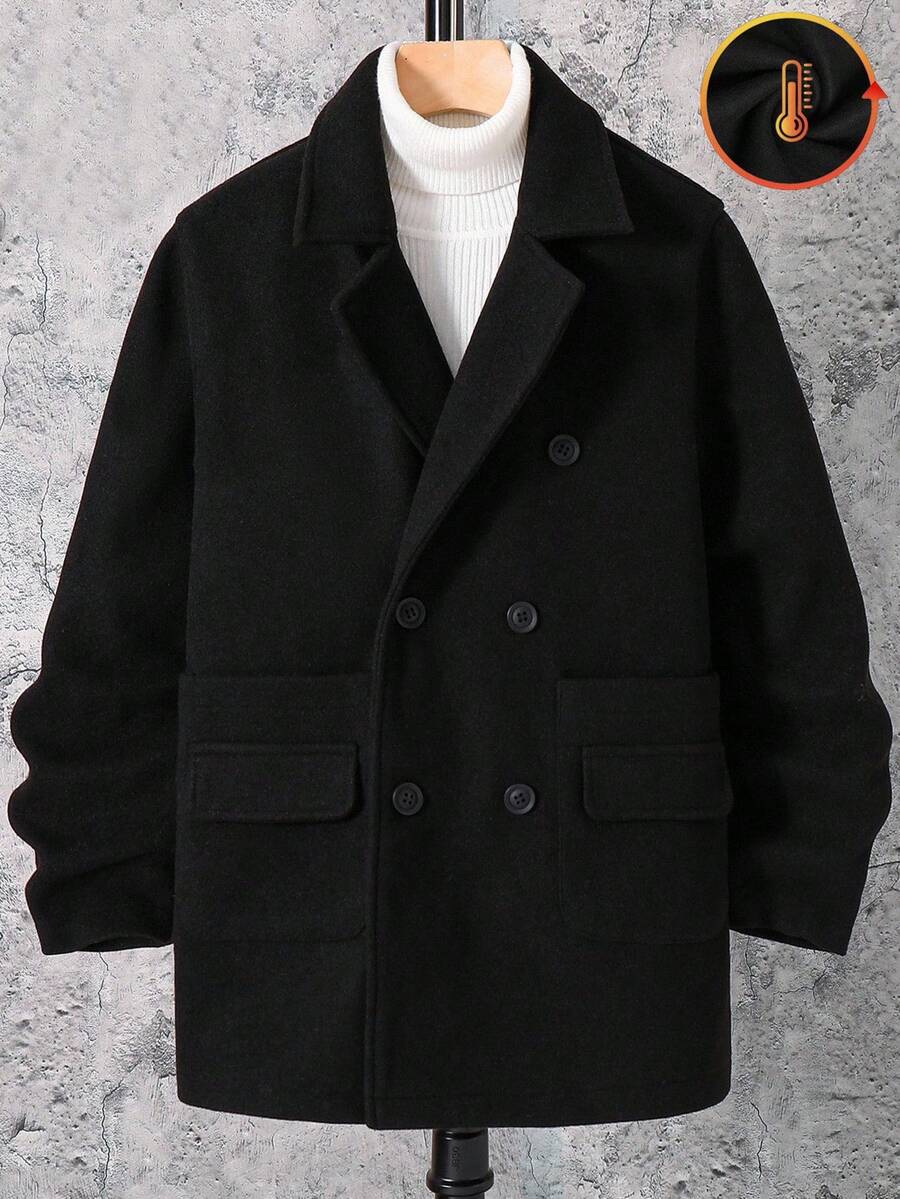 SHEIN 1 Piece Tween Boy Casual Sports College Literary Retro Double-Breasted Medium-Length Black Woolen Coat With Solid Color Buttons And Suit Collar Suitable For Kids Outfits Toddler Boy Clothes Back To School Boys Set Suitable For Birthday Parties, Evening Parties, Performances, Weddings, Baptisms, Opening Ceremonies Daily Suitable For Daily Use Suitable For School Suitable For Travel Suitable For Sports Suitable For Autumn And Winter Coats - Black - View 1